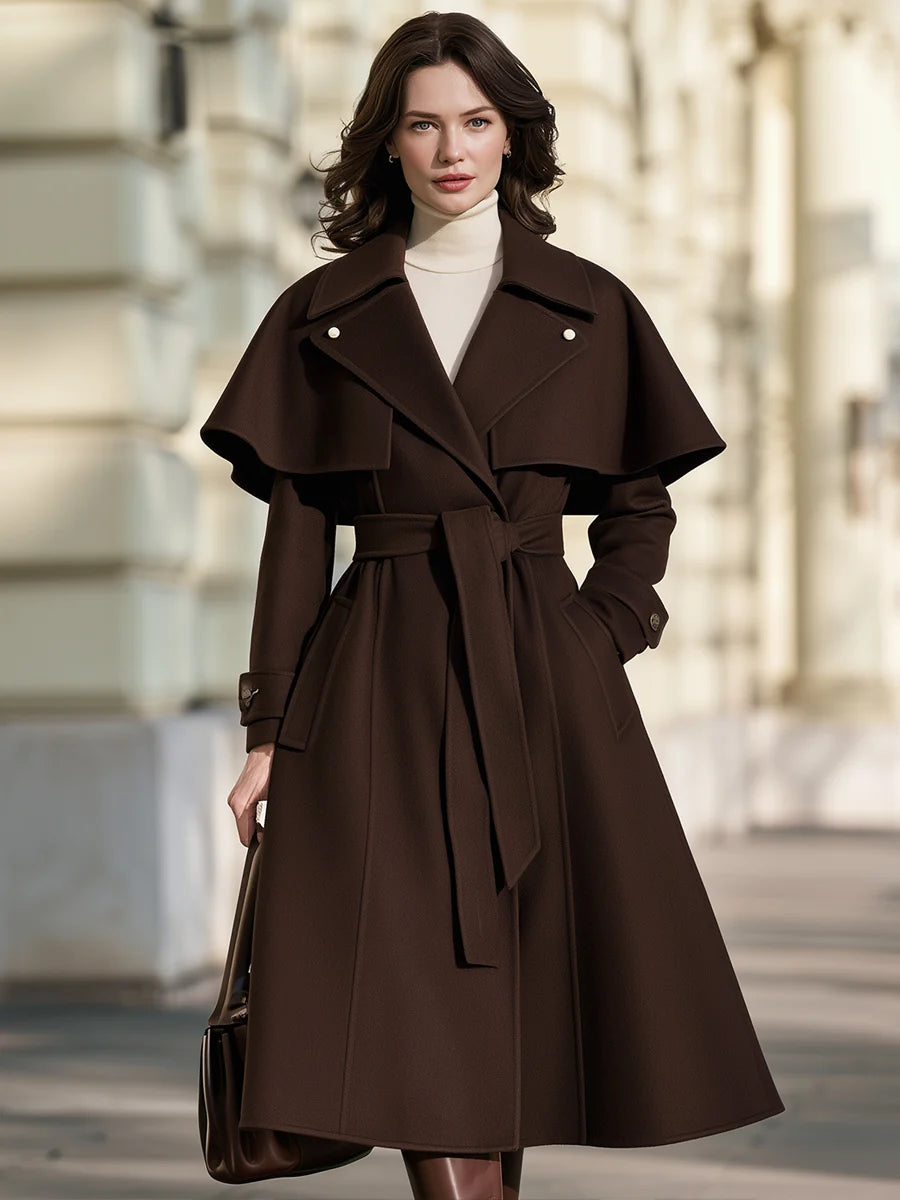 Women's Belted Capelet Trench-Style Coat in Brown – Product view | Hensley London