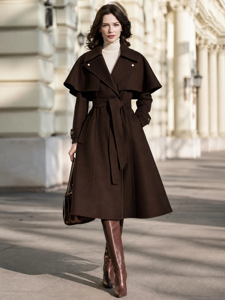 Women's Belted Capelet Trench-Style Coat in Brown – Product view | Hensley London