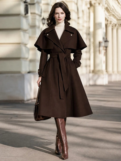 Women's Belted Capelet Trench-Style Coat in Brown – Product view | Hensley London