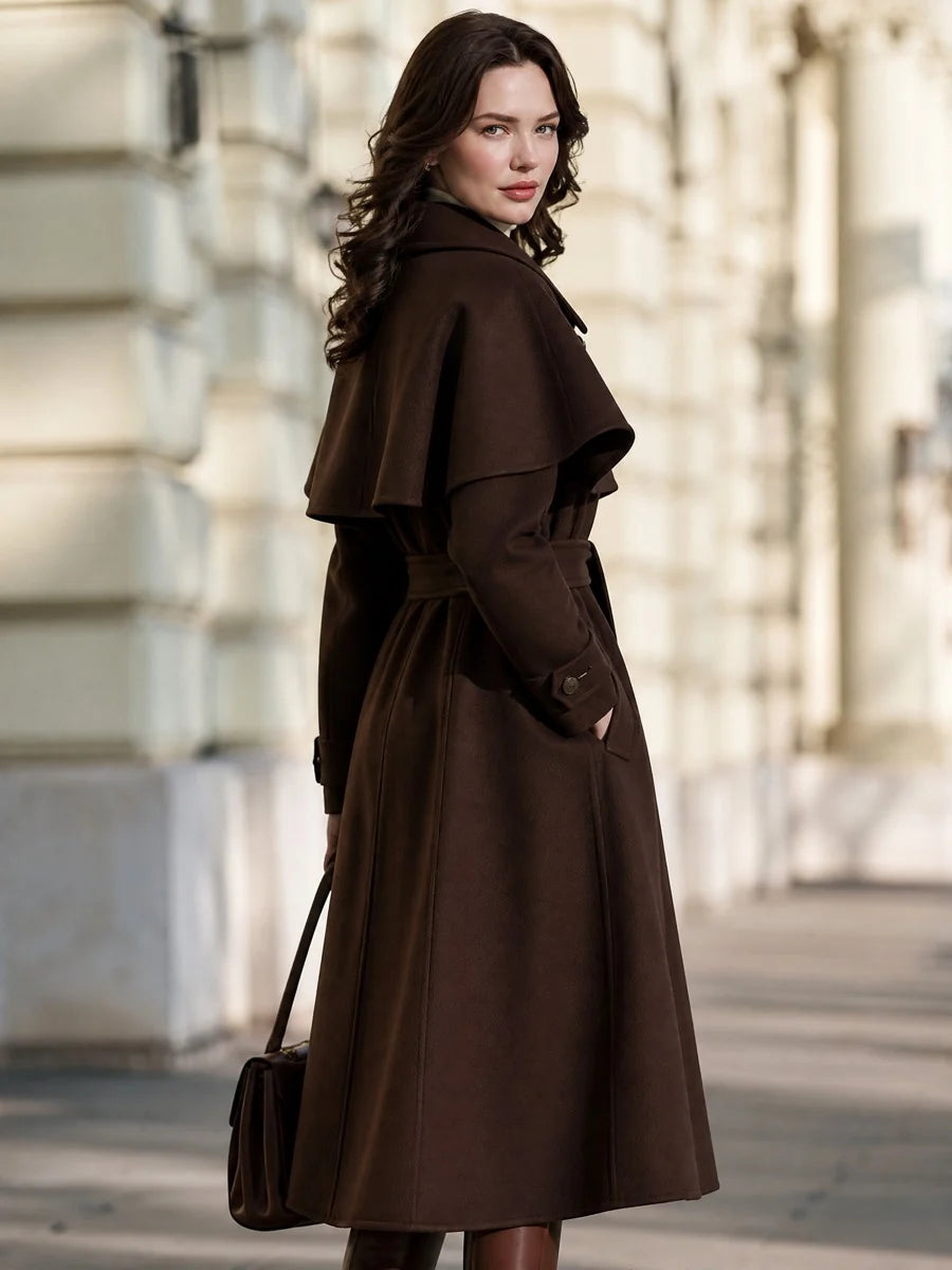 Women's Belted Capelet Trench-Style Coat in Brown – Product view | Hensley London