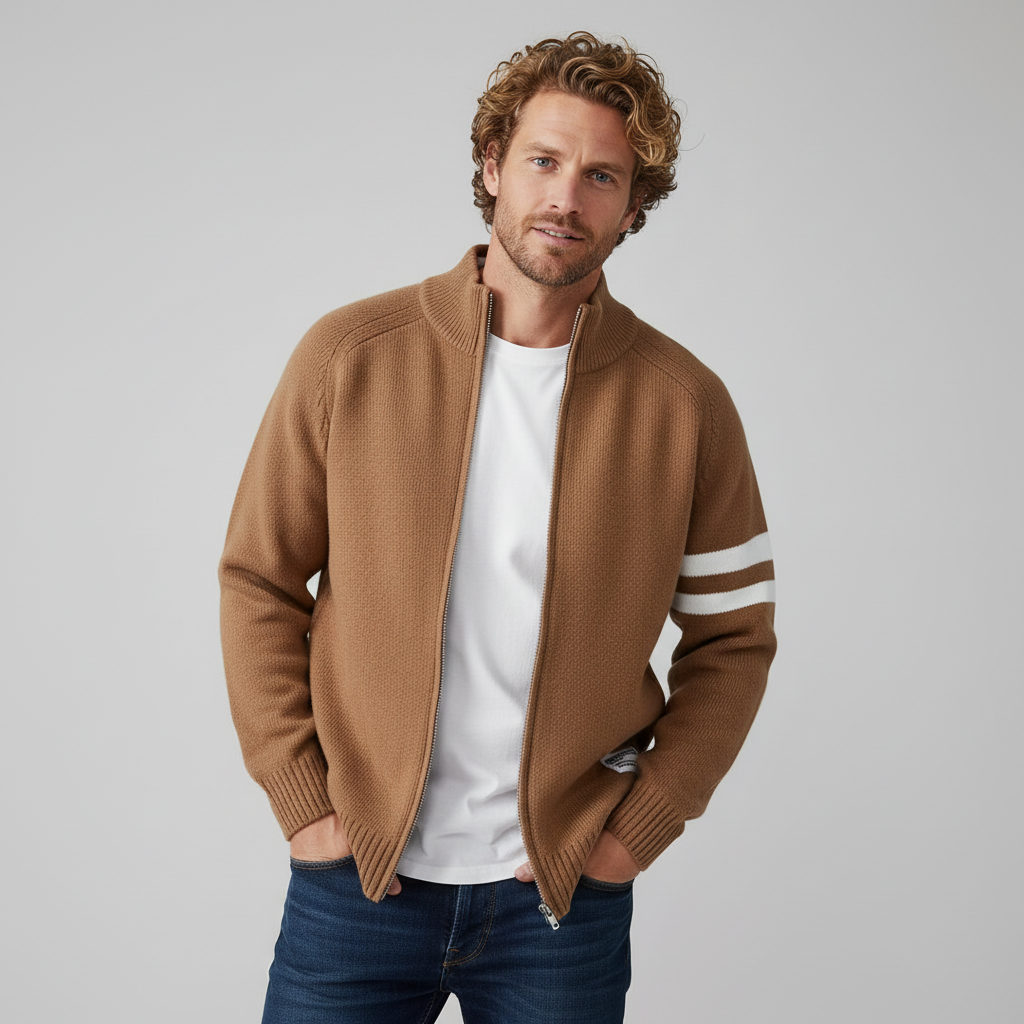 Men's Knit Zip Sweater in Sienna Brown - front view | Hensley London