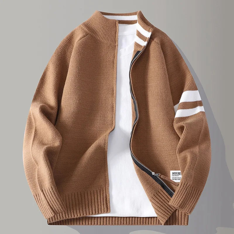 Men's Knit Zip Sweater in Sienna Brown - back view | Hensley London