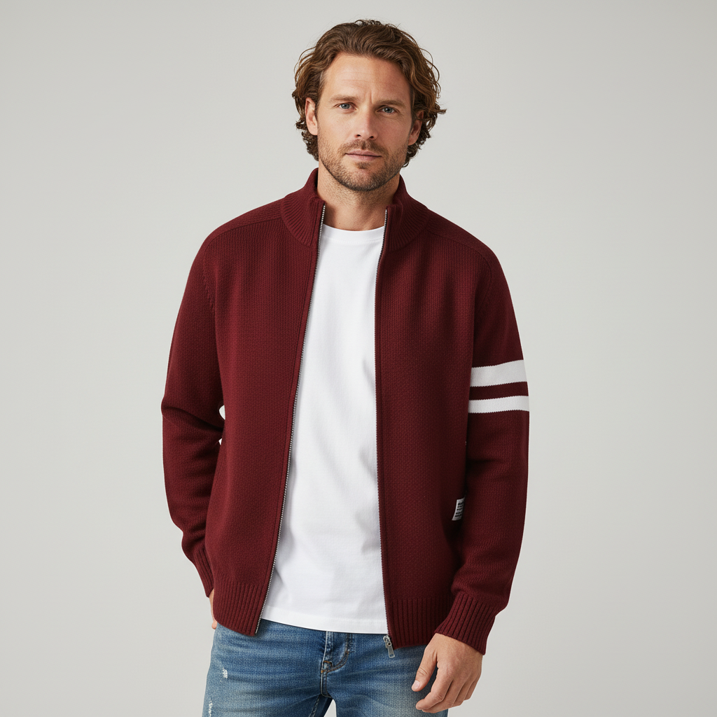 Men's Knit Zip Sweater in Maroon - front view | Hensley London