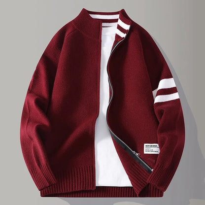 Men's Knit Zip Sweater in Maroon - detail view | Hensley London