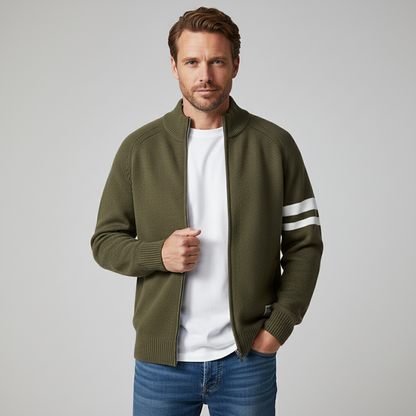 Men's Knit Zip Sweater in Army Green - front view | Hensley London