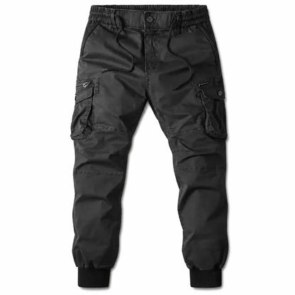 Men's Tapered Cargo Joggers in Black – front view | Hensley London