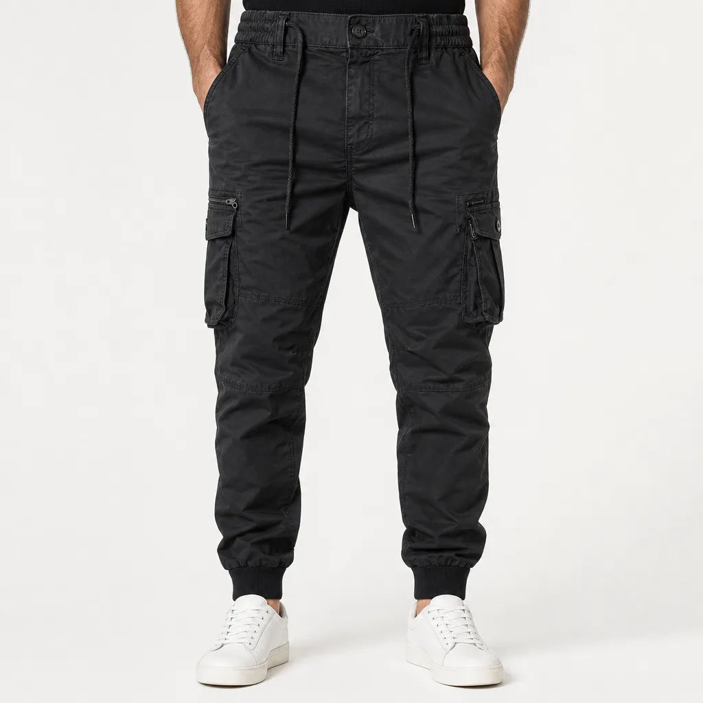 Men's Tapered Cargo Joggers in Black – detail view | Hensley London