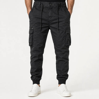 Men's Tapered Cargo Joggers in Black – detail view | Hensley London