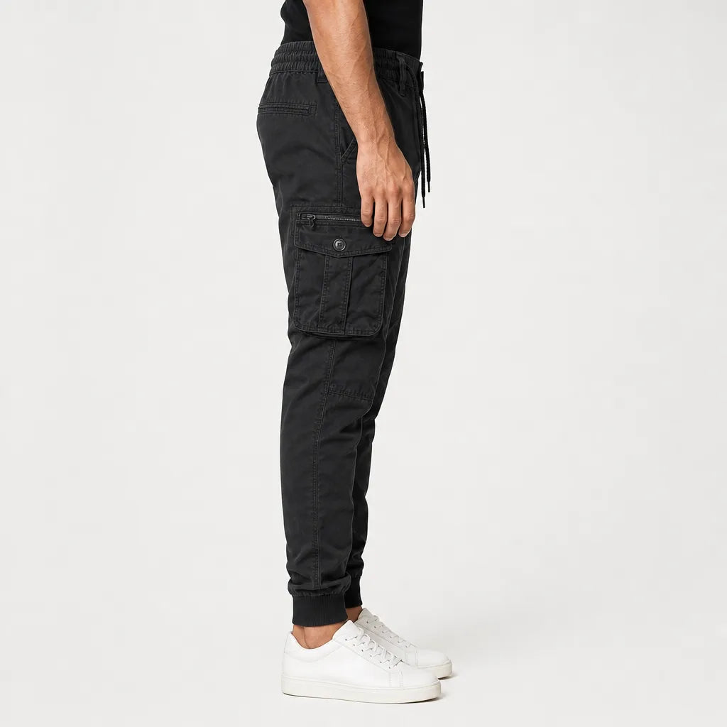 Men's Tapered Cargo Joggers in Black – detail view | Hensley London