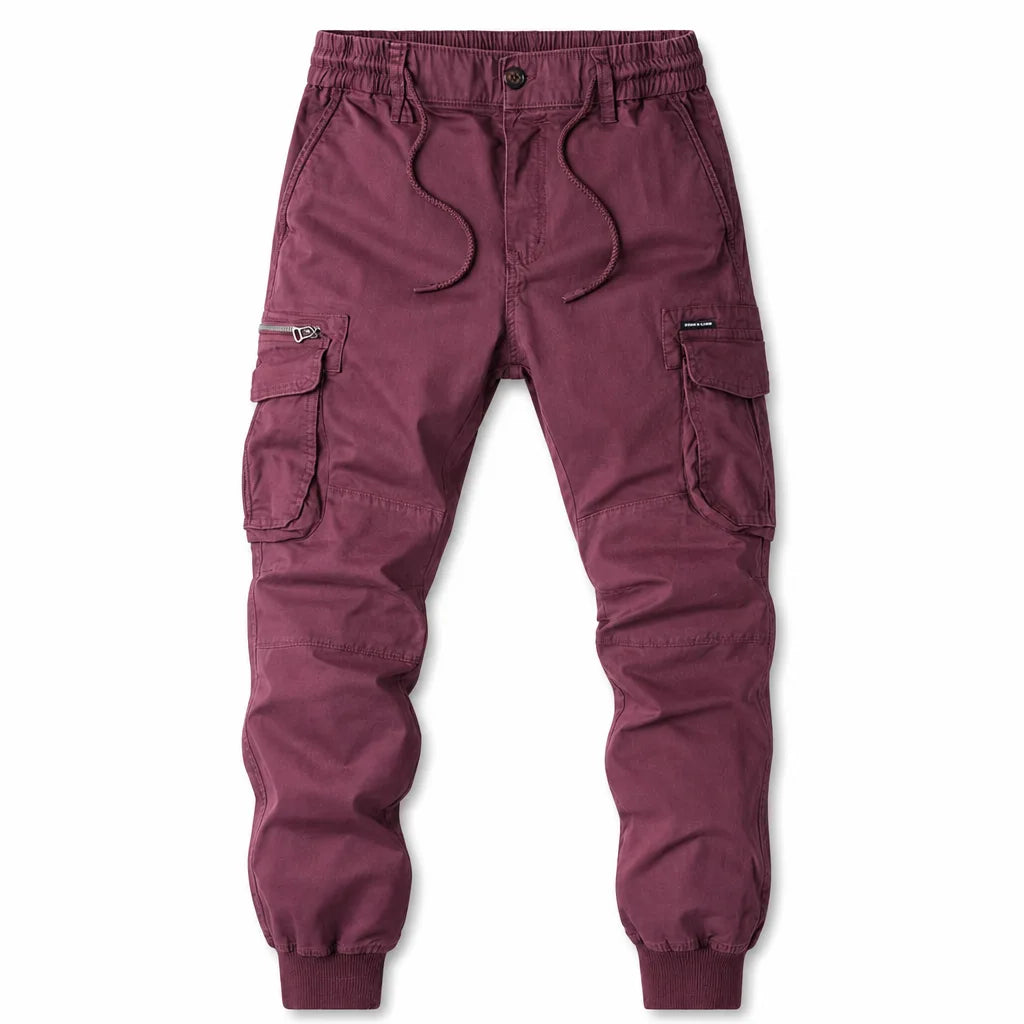 Men's Tapered Cargo Joggers in Red – front view | Hensley London