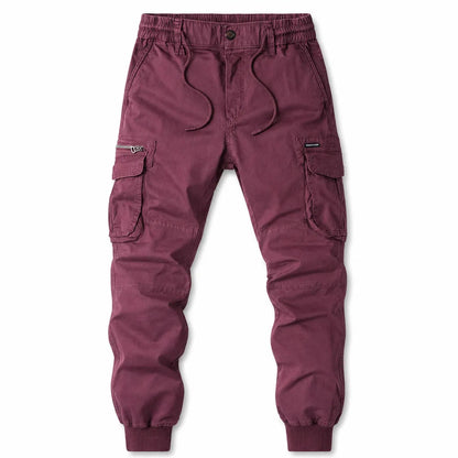Men's Tapered Cargo Joggers in Red – front view | Hensley London