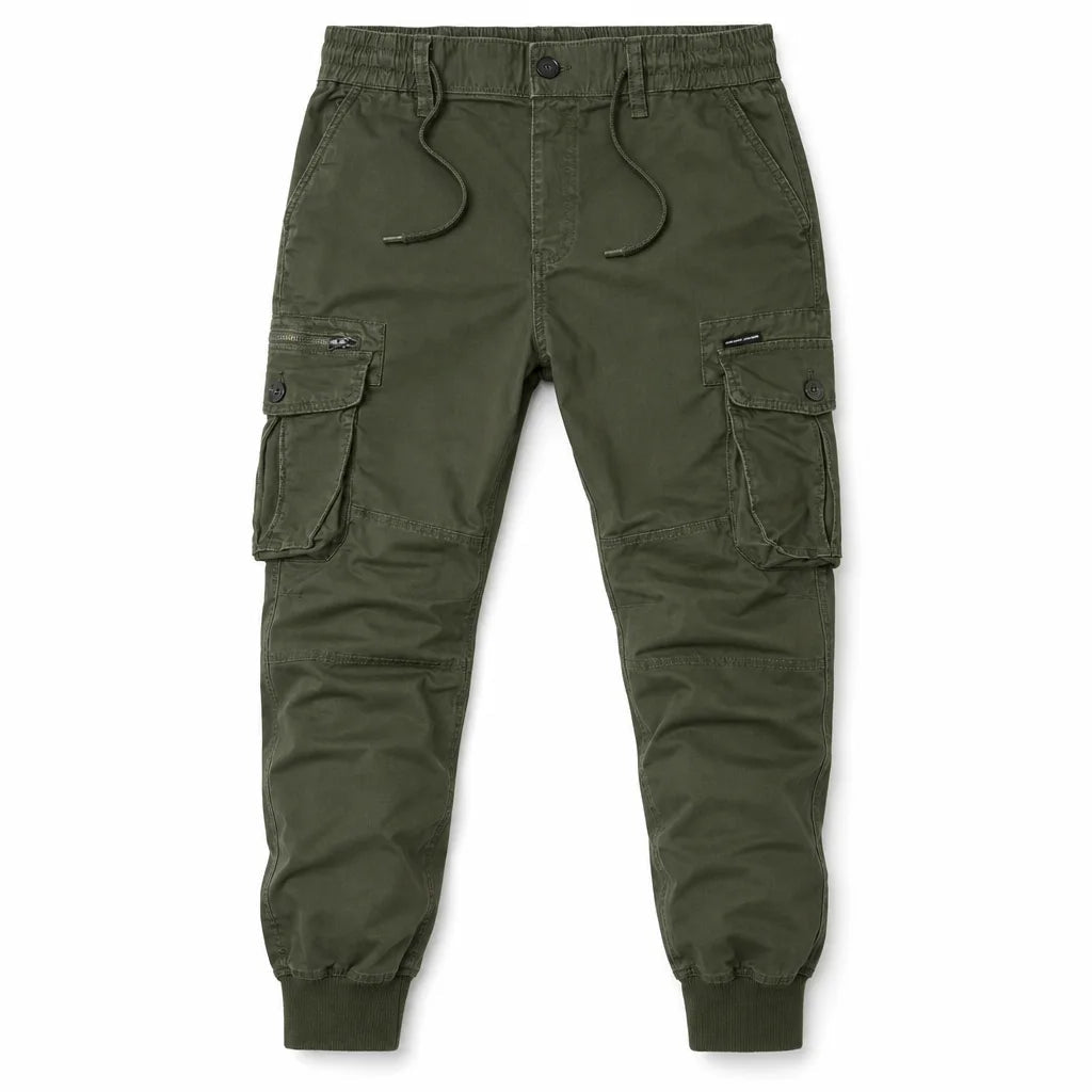 Men's Tapered Cargo Joggers in Green – front view | Hensley London