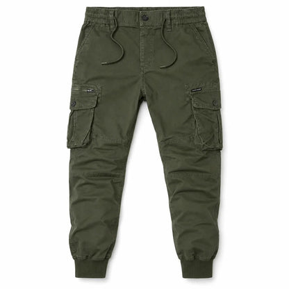 Men's Tapered Cargo Joggers in Green – front view | Hensley London
