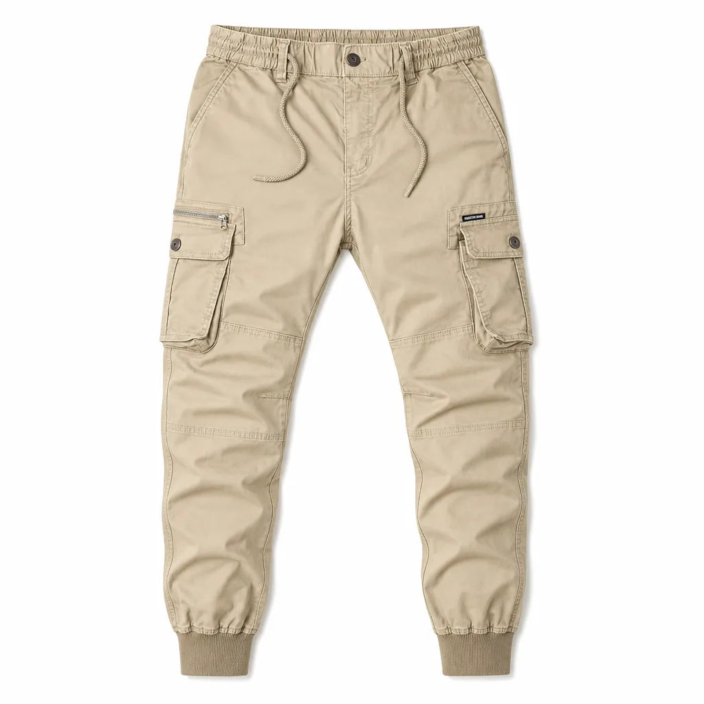 Men's Tapered Cargo Joggers in Beige – front view | Hensley London