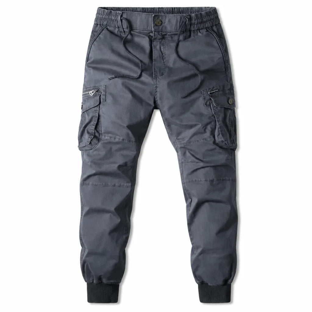 Men's Tapered Cargo Joggers in Gray – front view | Hensley London