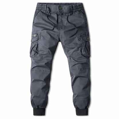 Men's Tapered Cargo Joggers in Gray – front view | Hensley London