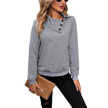 Women's Long Sleeve Sweatshirt with Collar Gray Cotton - 1