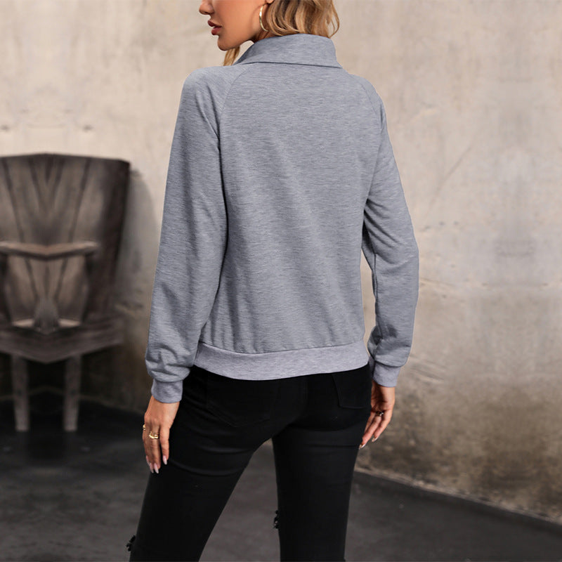 Women's Long Sleeve Sweatshirt with Collar Gray Cotton - 4