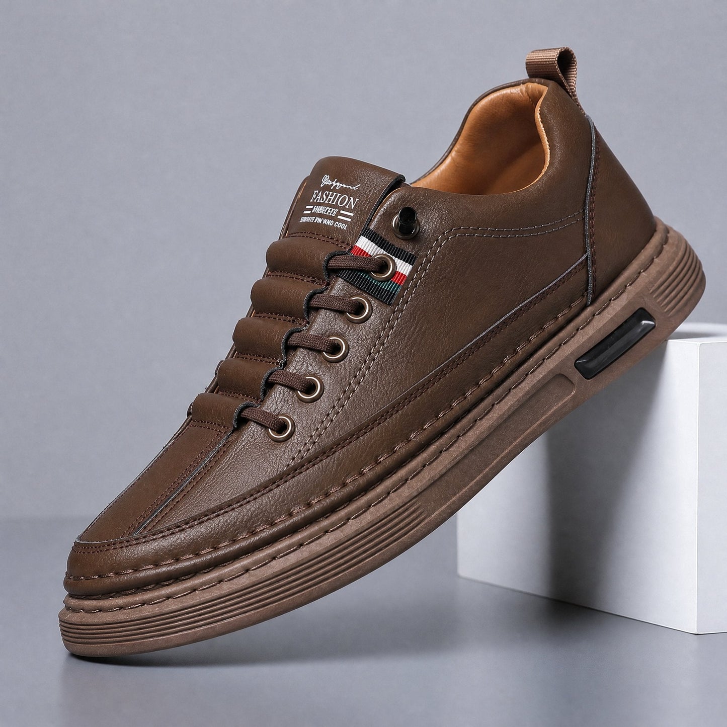 Men's Genuine Leather Low-Top Sneakers in Brown – front view | Hensley London