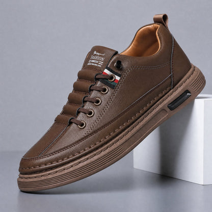 Men's Genuine Leather Low-Top Sneakers in Brown – front view | Hensley London