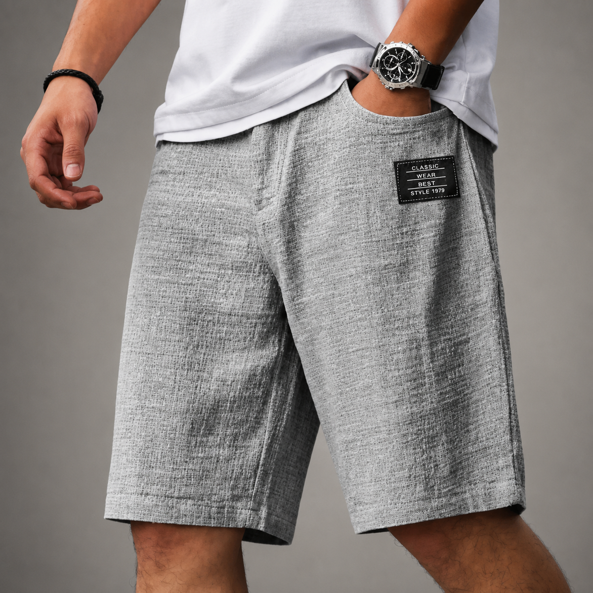 Men's Linen Blend Casual Shorts in Grey - front view | Hensley London