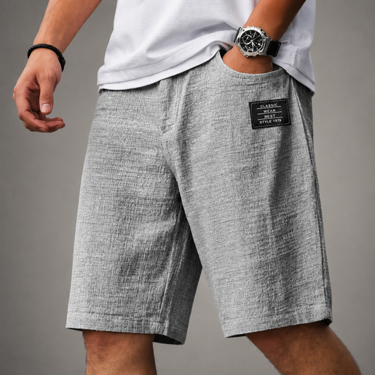 Men's Linen Blend Casual Shorts in Grey - front view | Hensley London