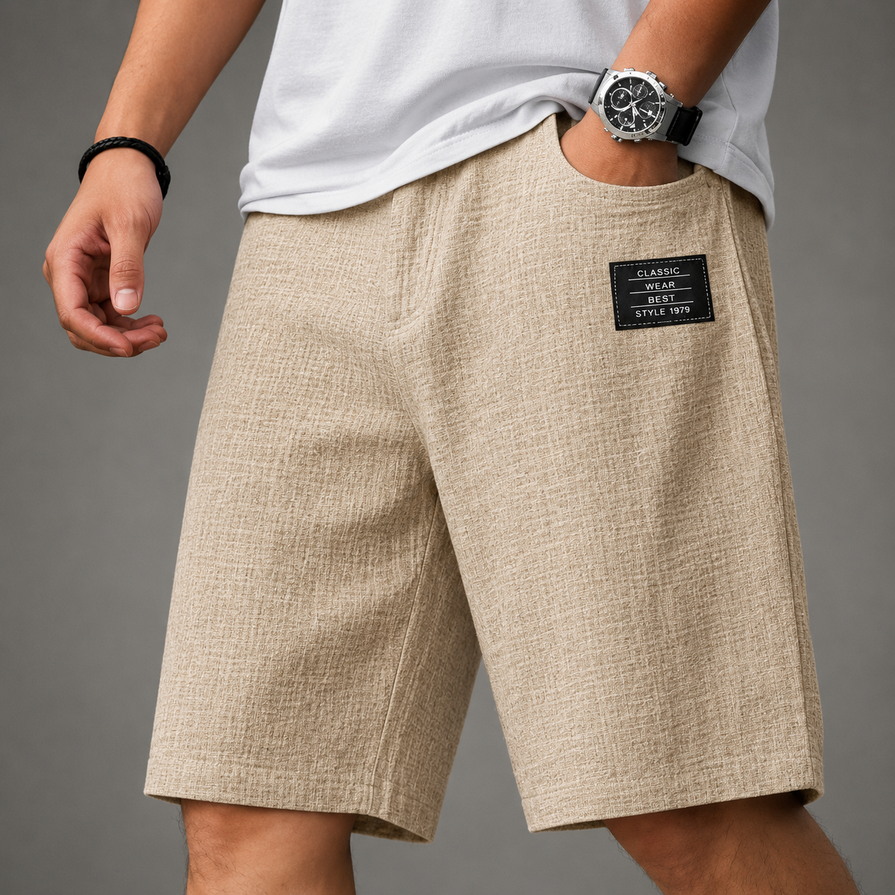 Men's Linen Blend Casual Shorts in Khaki - front view | Hensley London