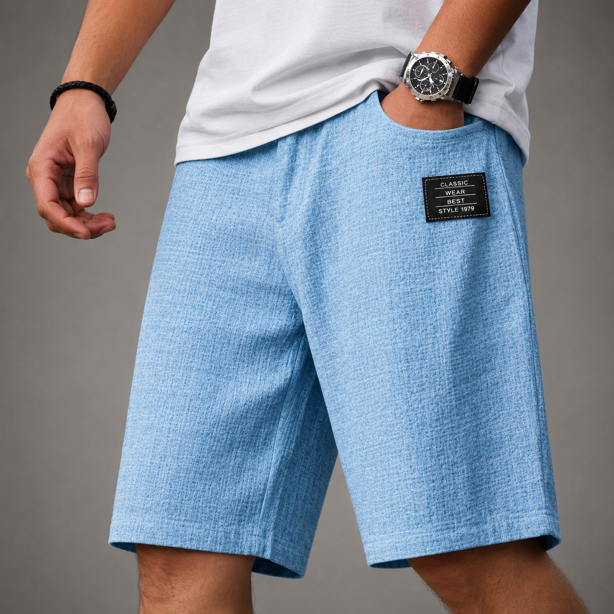 Men's Linen Blend Casual Shorts in Blue - front view | Hensley London