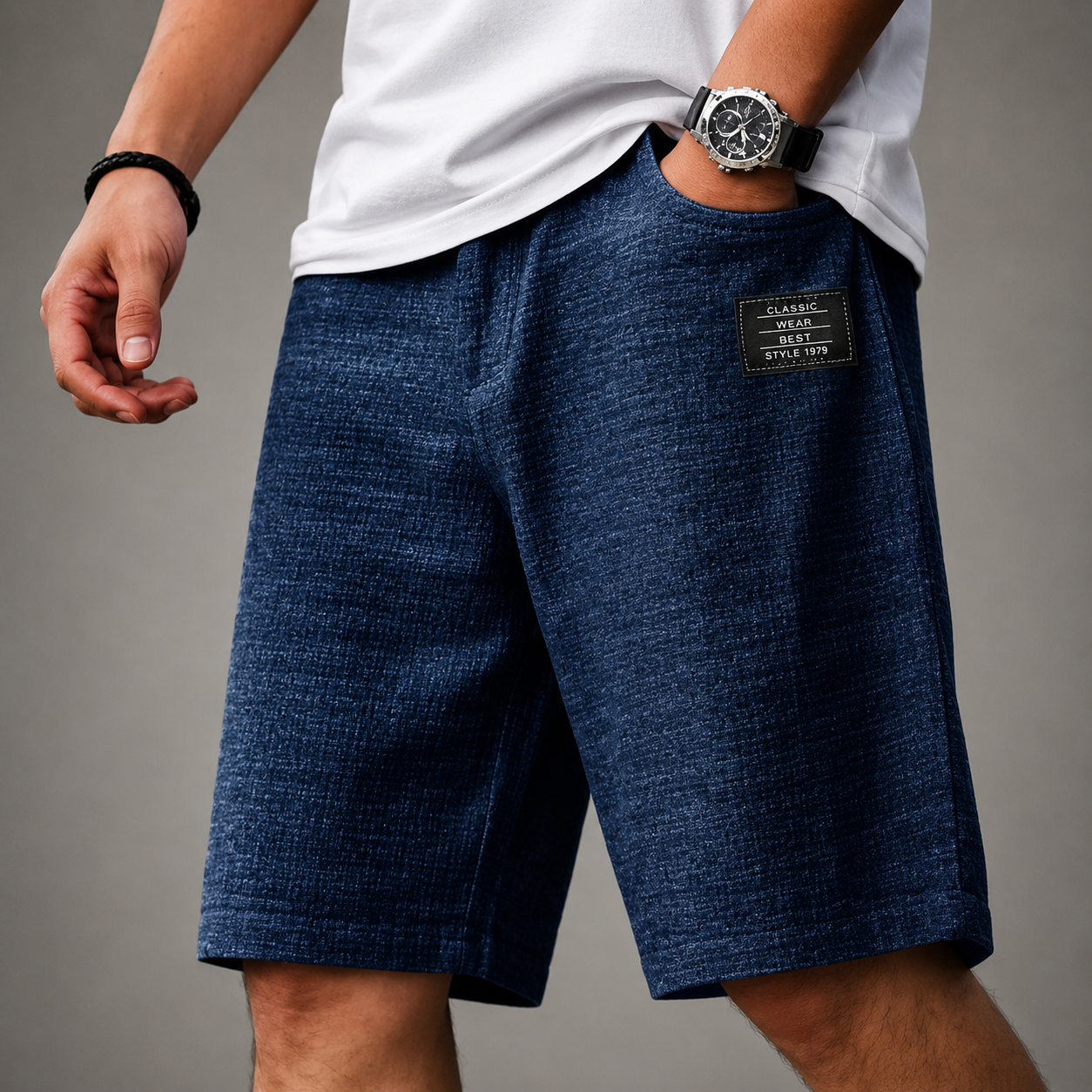 Men's Linen Blend Casual Shorts in Navy - front view | Hensley London