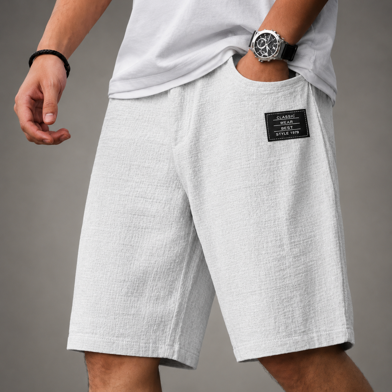 Men's Linen Blend Casual Shorts in White - front view | Hensley London