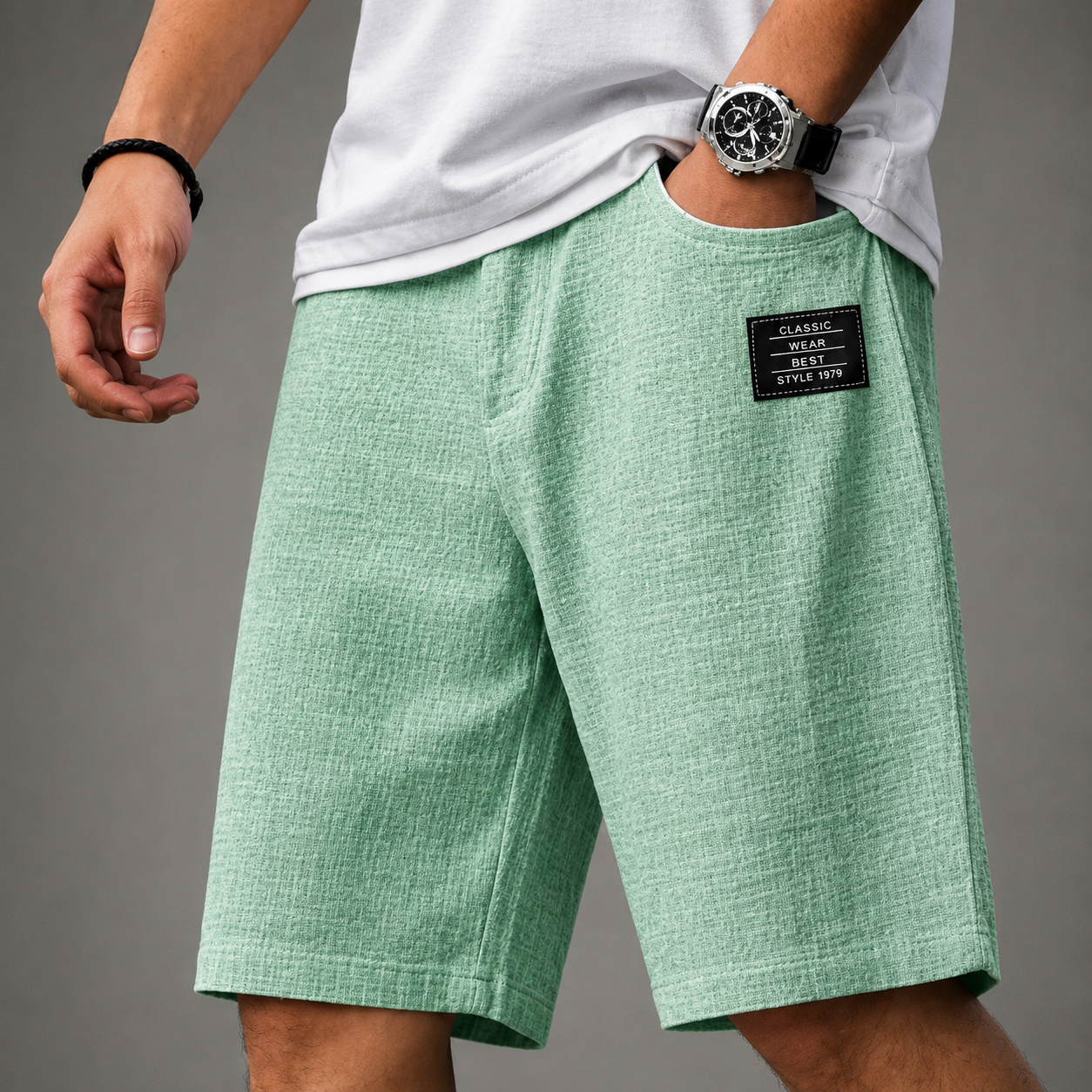 Men's Linen Blend Casual Shorts in Green - front view | Hensley London