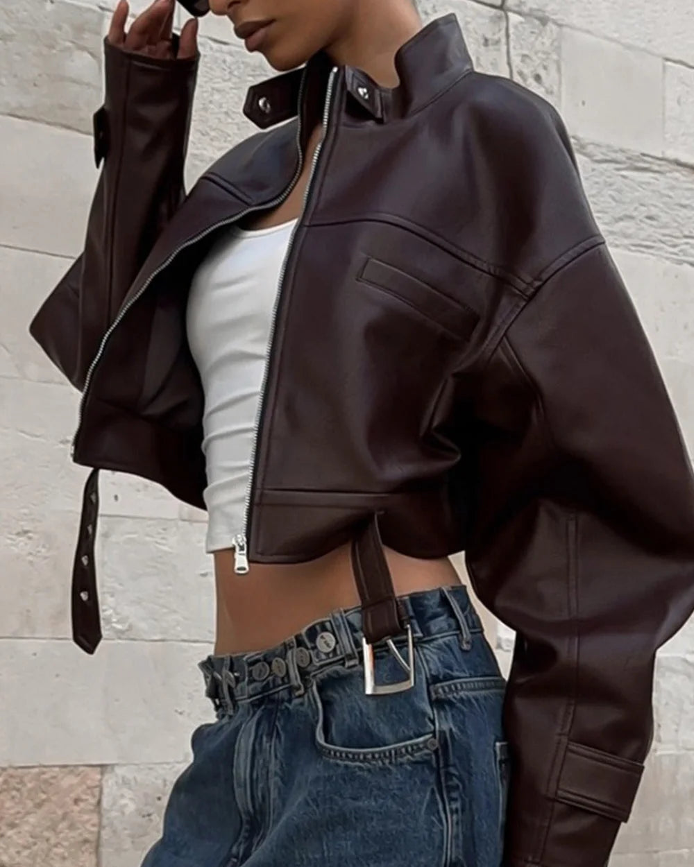 Biker Retro Leather Jacket | Slim Fit, Stand Collar 4