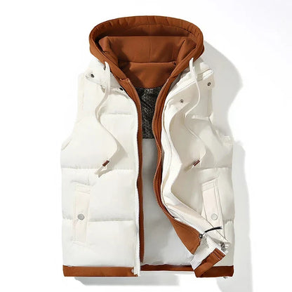 Men's Hooded Puffer Vest with Pockets in White – product view | Hensley London