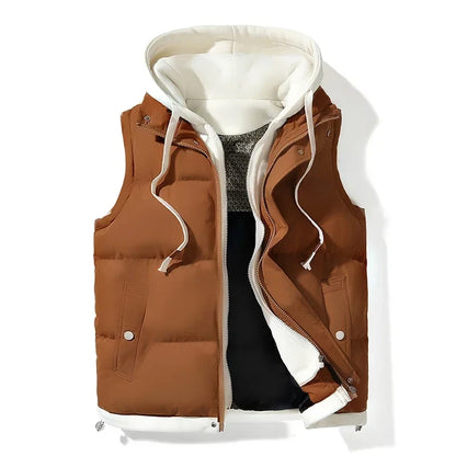 Men's Hooded Puffer Vest with Pockets in Brown – product view | Hensley London