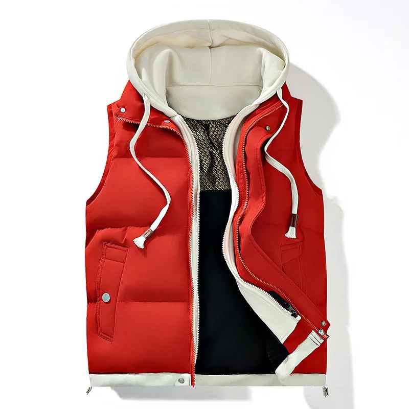 Men's Hooded Puffer Vest with Pockets in Red – product view | Hensley London