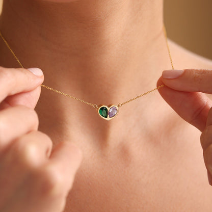 Birthstone Heart Necklace and Bracelet Set for Women, Customizable Hypoallergenic Jewelry with Zircon Accents