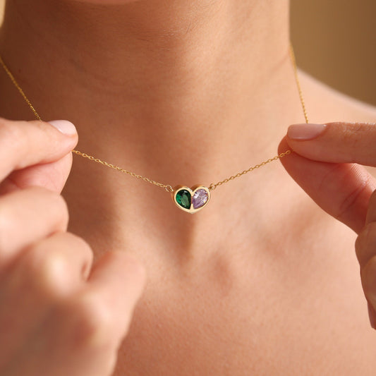 Birthstone Heart Necklace and Bracelet Set for Women, Customizable Hypoallergenic Jewelry with Zircon Accents