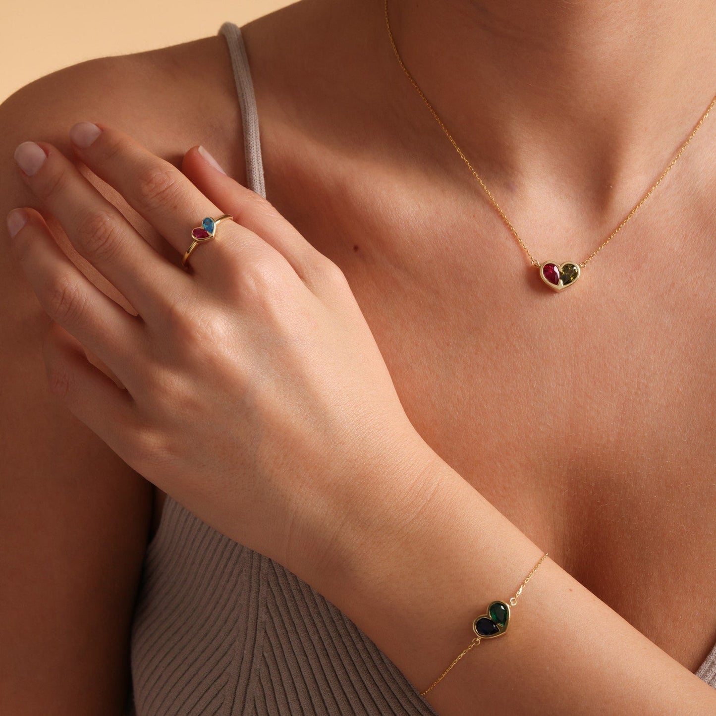 Birthstone Heart Necklace and Bracelet Set for Women, Customizable Hypoallergenic Jewelry with Zircon Accents