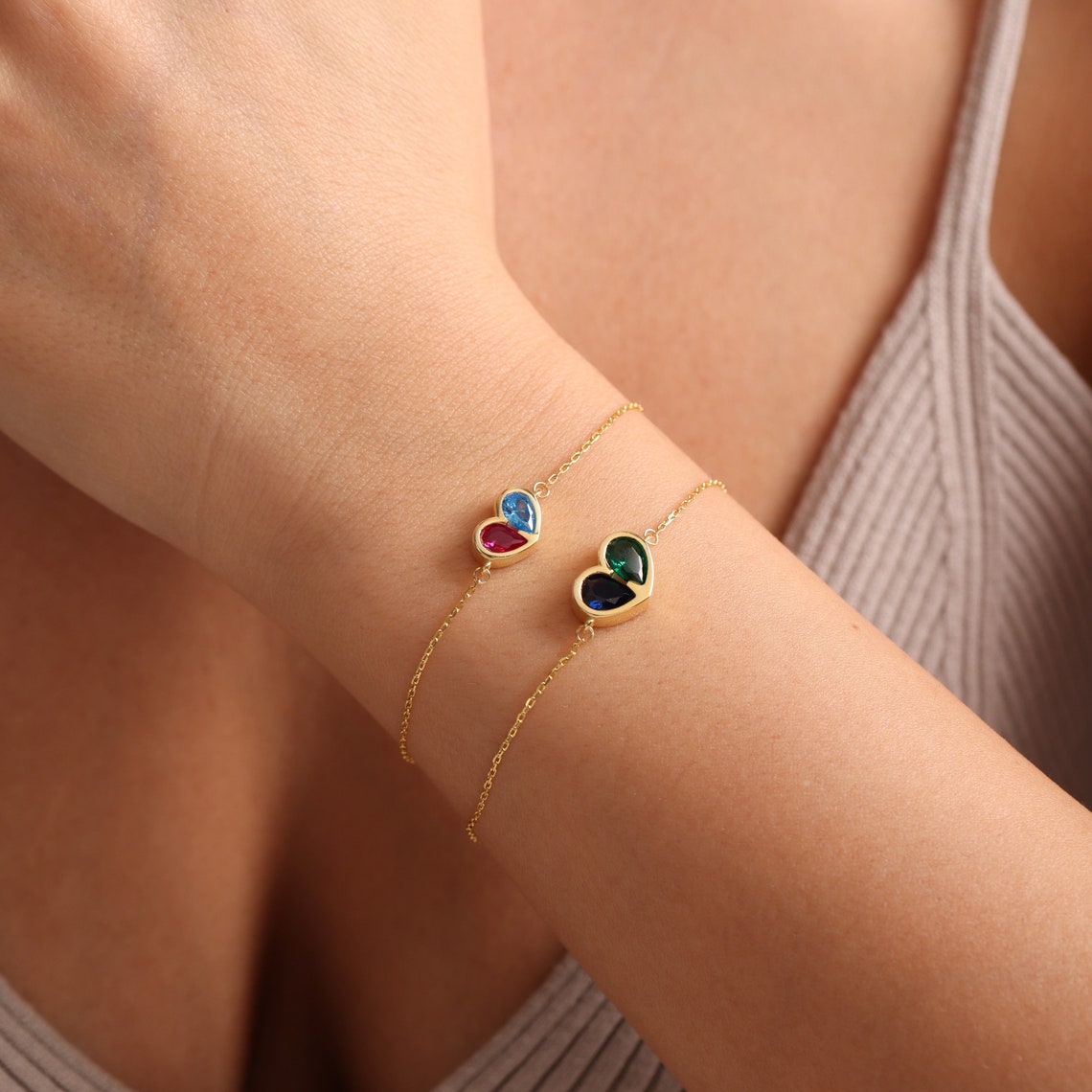 Birthstone Heart Necklace and Bracelet Set for Women, Customizable Hypoallergenic Jewelry with Zircon Accents