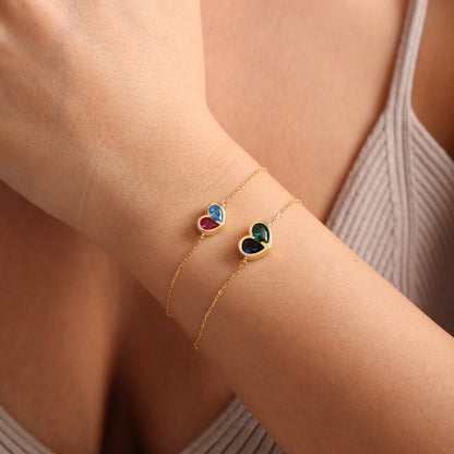Birthstone Heart Necklace and Bracelet Set for Women, Customizable Hypoallergenic Jewelry with Zircon Accents