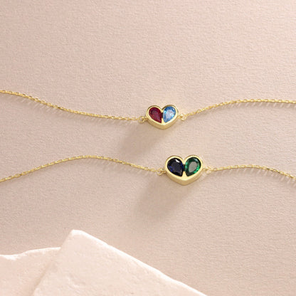 Birthstone Heart Necklace and Bracelet Set for Women, Customizable Hypoallergenic Jewelry with Zircon Accents