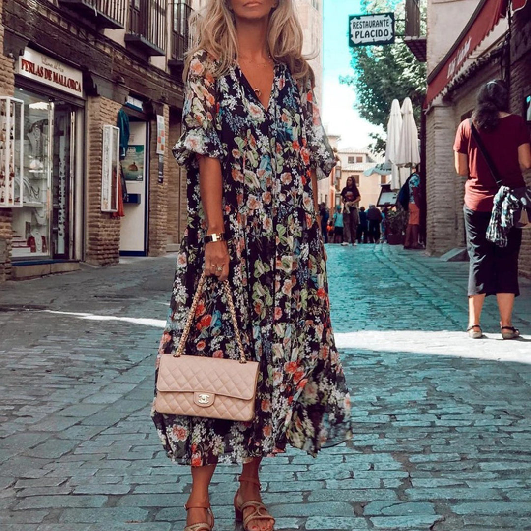 Women's Maxi Dress Black Rayon Blend Floral Print-1