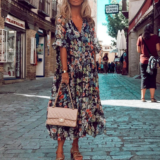 Women's Maxi Dress Black Rayon Blend Floral Print-1