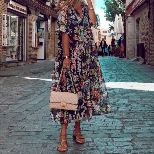 Women's Maxi Dress Black Rayon Blend Floral Print-2