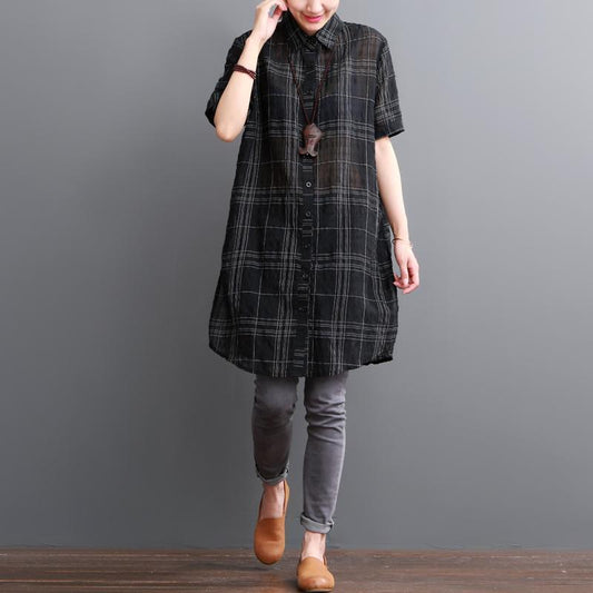 Breezy Black Grid Dress | Cotton Linen Summer Style