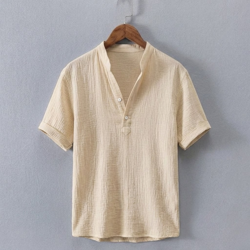Men's Cotton-Linen Henley Shirt in Sand – front view | Hensley London