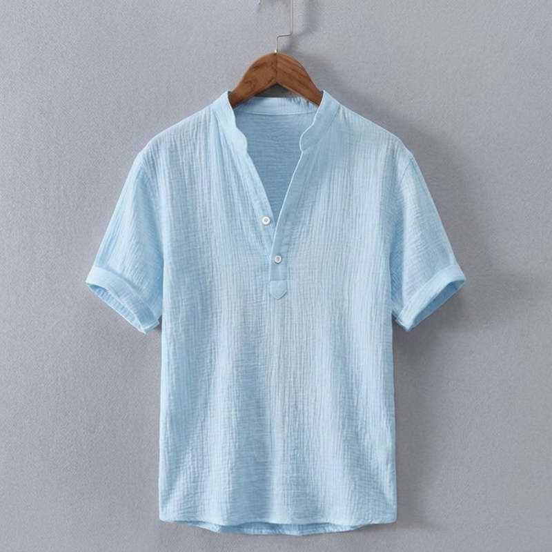 Men's Cotton-Linen Henley Shirt in Blue – front view | Hensley London
