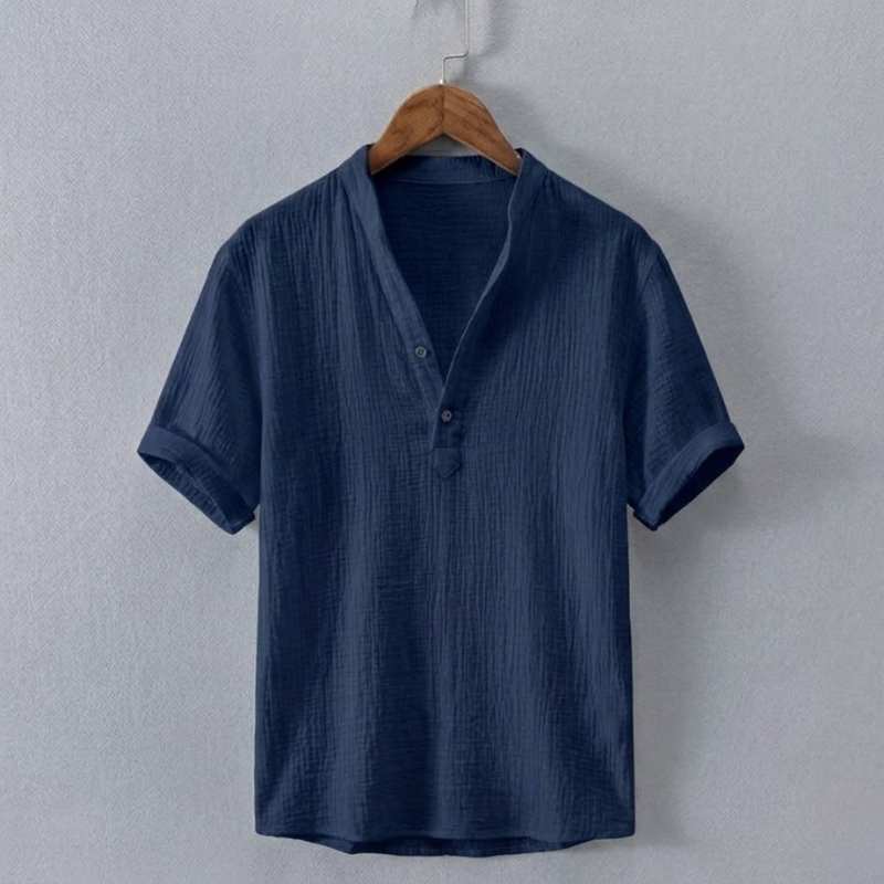 Men's Cotton-Linen Henley Shirt in Navy – front view | Hensley London