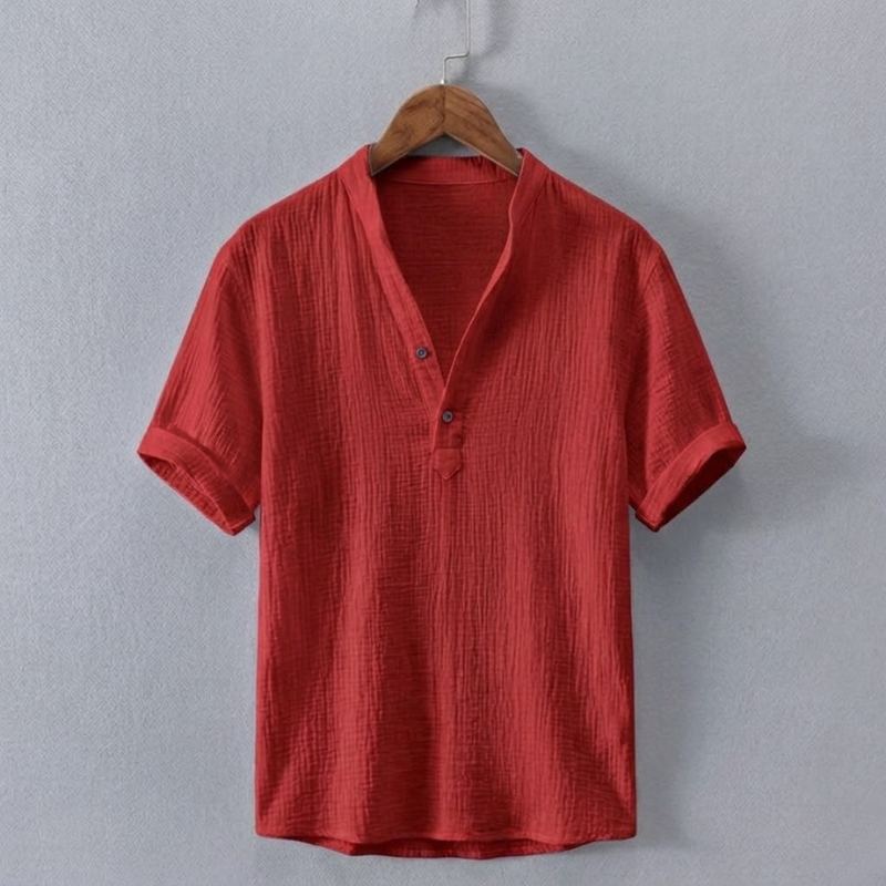 Men's Cotton-Linen Henley Shirt in Red – front view | Hensley London