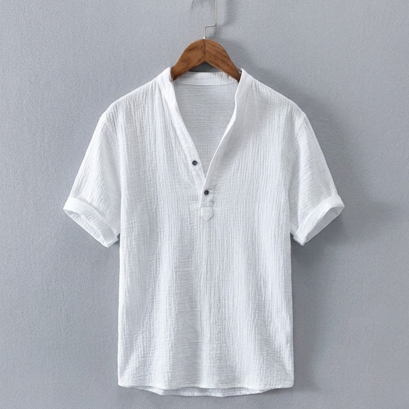 Men's Cotton-Linen Henley Shirt in White – front view | Hensley London